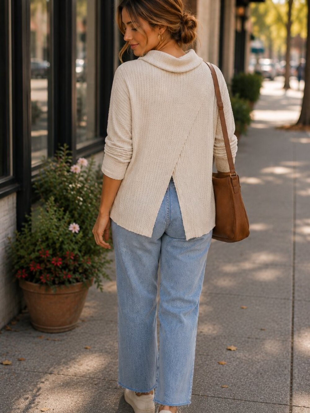 Free People Waffle Knit Cowl Neck Tunic Top Split Back Thermal Sweater XS Ivory